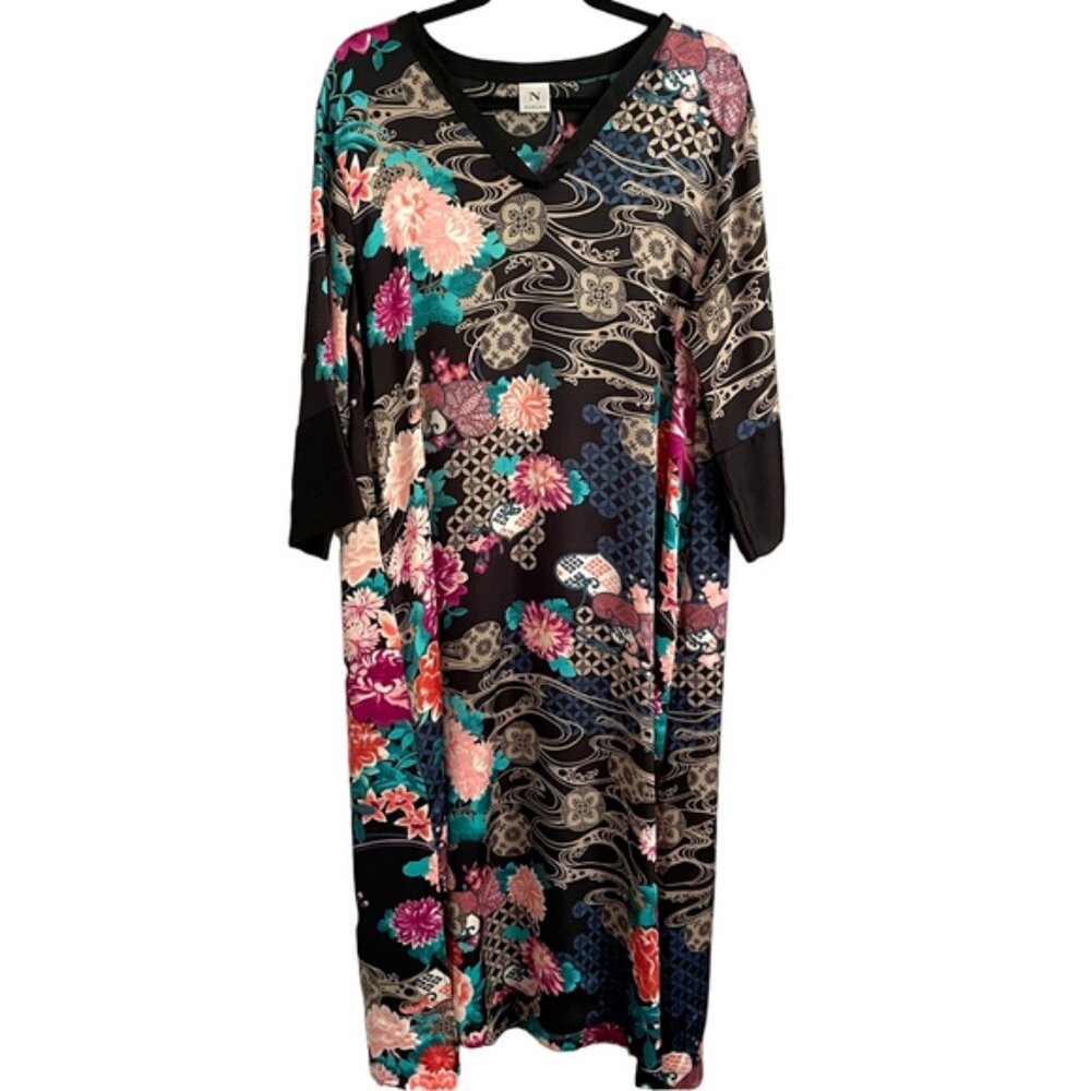 Natori Black Asian Floral Long Sleeve Kaftan Nightgown Dress - Small / Medium - Picture 8 of 10